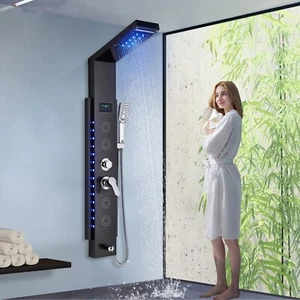 Black Shower Panel Column Tower LED Rainfall Waterfall Massage Body Jets System - Picture 1 of 13