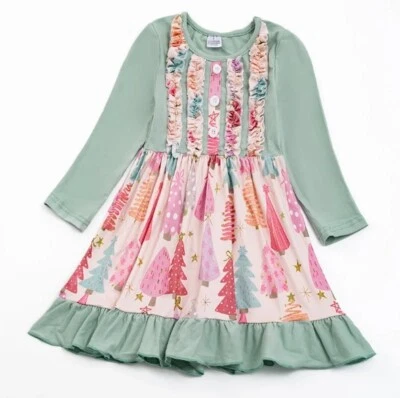 NEW Boutique Christmas Tree Girls Long Sleeve Ruffle Dress - Image 1 of 4