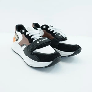 SNEAKERS BURBERRY RAMSEY BEIGE CHECK MARRONE NERO CAMOSCIO BIANCO LOGO CINTURINO 44 US 10 - Foto 1 di 17