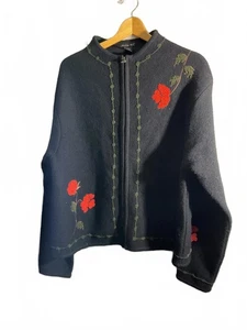 Tally-Ho Vintage schwarzer Wollpullover/Jacke mit roter Blumenstickerei Large - Bild 1 von 8