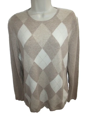 Suéter Charter Club 100% 2 Capas Cachemira Beige Crema Argyle Cuello Redondo Talla L Foto 1 de 3