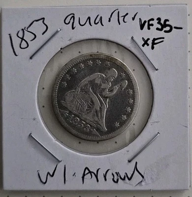 1853 Silver Seated Quarter With Arrows And Rays XF Condition Full Dentils - Image 1 of 4