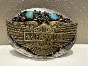4”x 3” Harley Davidson Motor Cycles Belt Buckle w/ Turquoise and Red Coral Gem - Picture 1 of 10