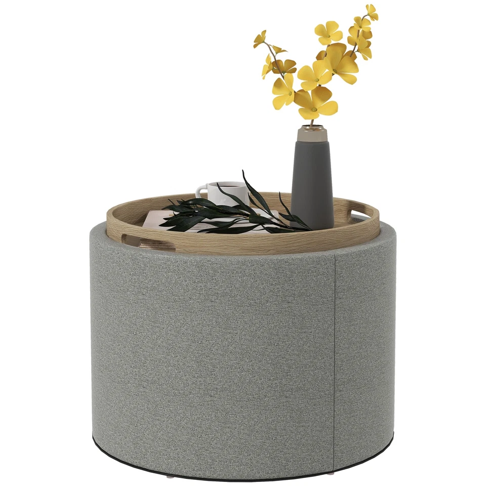 HOMCOM Pouf Contenitore in Tessuto Effetto Lino con Vassoio a Ribalta Grigio - Immagine 1 di 4