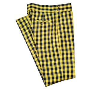 Mens Gurkha Pants 30 Plaid Check Yellow Blue Slim Straight Flat Front Trousers - Picture 1 of 6