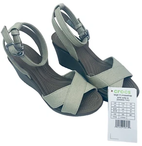 NEW Crocs Leigh II Crossstrap Ankle Wedge Sandals Womens Size 4 Oatmeal Mushroom - Picture 1 of 16