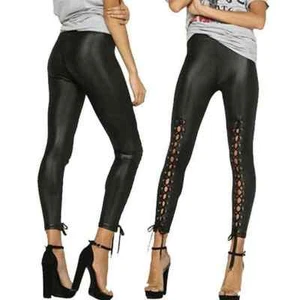 Ladies High Waisted Side Panel Lace Up Front PVC Leather Wet Look Leggings Pants - Picture 1 of 8