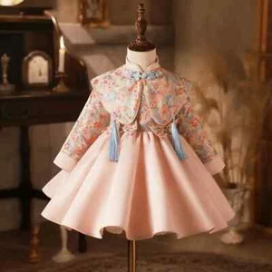 Children Princess Evening Gown Long Sleeve Print Kids Birthday Party Girls Dress - Picture 1 of 11