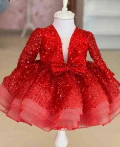 Girl Dress Long Sleeves Silver Bow Cute Baby Girls Communion Gown Party Dresses - Picture 1 of 32