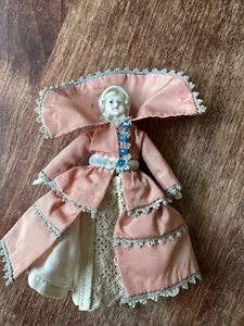 Collectable Doll Blue Bonnet a Pink Cape &Blue Lace Trim White Petticoat 5" tall - Picture 1 of 10
