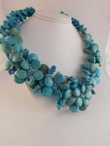 TURQUOISE COLORED HOWLITE STERLING CLUSTER CHOKER & CRYSTAL NECKLACE STATEMENT - Picture 1 of 12