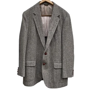 VTG 80s Wool Herringbone Tweed Single Breasted 2 Button Sportscoat Men’s 44 Gray - Picture 1 of 13