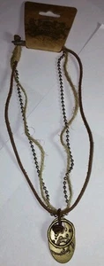 NEW GENUINE LEATHER 4 STRAND DOUBLE CHARM BRONZE GOLD TONE RING SYMBOL NECKLACE - Picture 1 of 1
