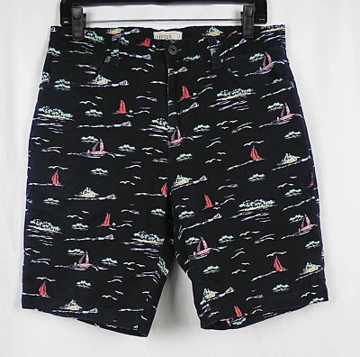 Free Planet Navy Blue Sailboat Print Stretch Cotton Twill 5-Pocket Shorts 32 - Image 1 of 2