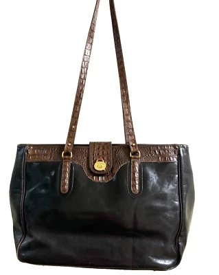 Винтажная сумка-тоут Brahmin тосканская черная гладкая и коричневая кожа с тиснением под крокодила размер XL - Изображение 1 из 4