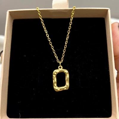 Open Hammered Square Pendant Necklace, 18k Gold Irregular Hollow Charm Necklace - Image 1 of 4