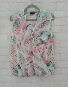 Wallis Ladies Blouse Size M White Multi Floral Crossover Elasticated Sleeveless - Picture 1 of 10