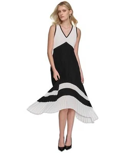 Karl Lagerfeld Paris Women's Pleated Colorblocked a-Line Dress White Black 6 - Picture 1 of 5