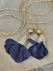 INC Gold Tone Navy Fabric-Flower Rhinestone 36" Lariat Necklace NWT Orig. 29.50 - Picture 1 of 13