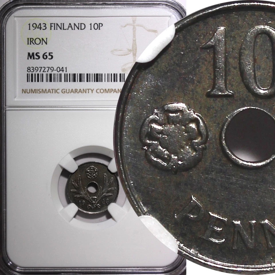 FINLAND Iron 1943 10 Pennia NGC MS65 WWII Issue 1 GRADED HIGHEST SCARCE KM# 34.1 - Image 1 of 4