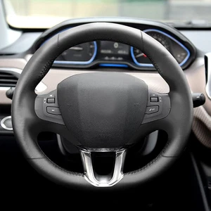Black Steering Wheel Sewing Leather Cover Trim For Peugeot 208 2008 2014 2015 - Picture 1 of 8