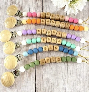 Personalized Baby Pacifier Clip – Name Beads, Silicone & Wood, Baby Shower Gift - Picture 1 of 5