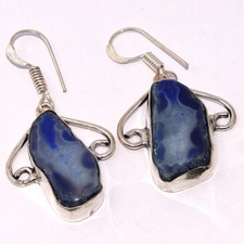 Silver Plated Earrings 1.5", S-709 Agate Druzy Slice & 925