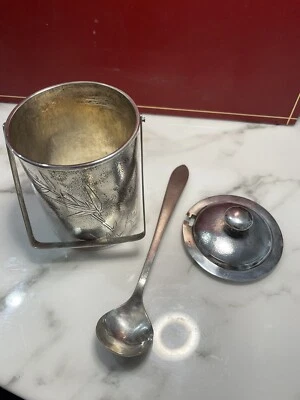 Antiguo tarro de mermelada de miel cubierto de plata esterlina de exportación china con cuchara 260 firmado Foto 1 de 4