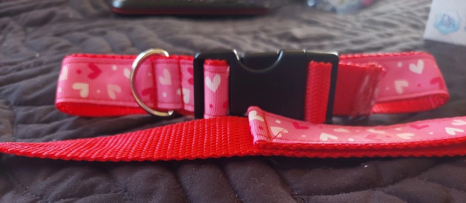 Collar y correa de perro rojo y rosa a juego con corazones, perfecto para San Valentín Foto 1 de 4