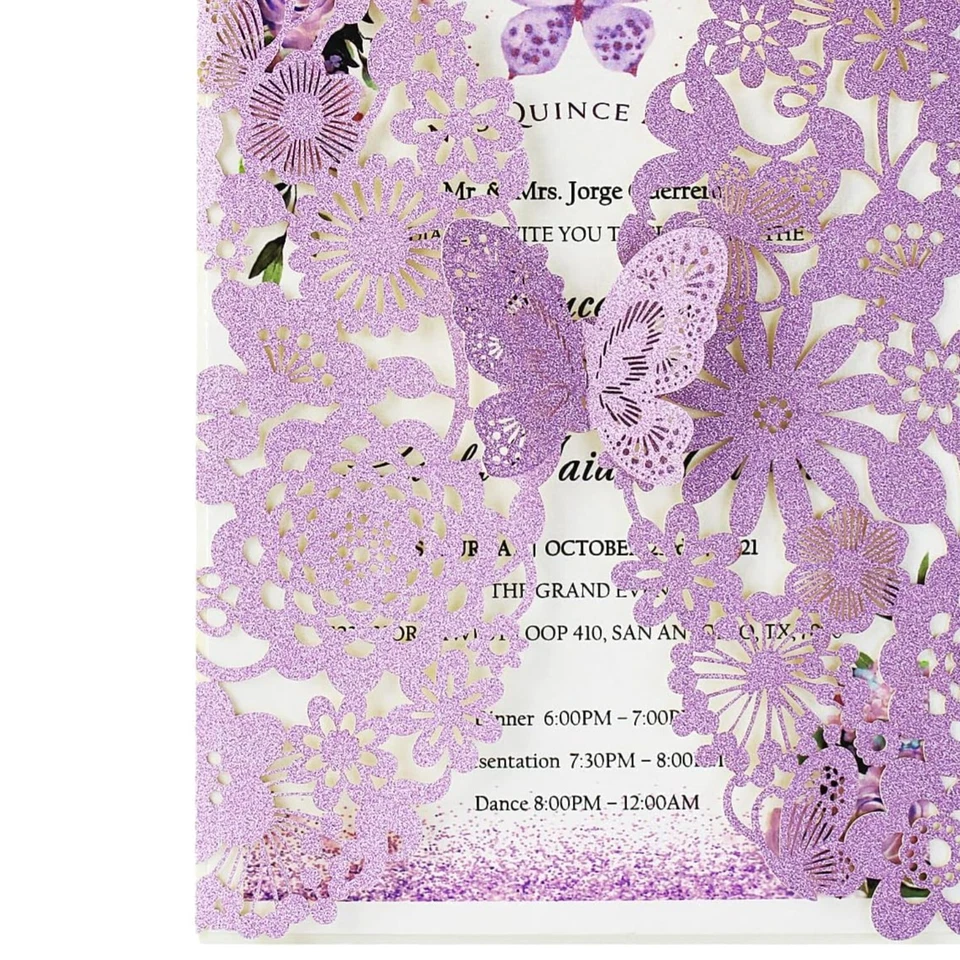 Exquisitas tarjetas de invitación de mariposa floral púrpura de 50 piezas con sobres y sellos Foto 1 de 4