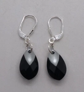 m/w Sterling Silver Swarovski Crystal Black Lt Chrome Pear Earrings; Leverback - Picture 1 of 2