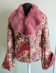 Outerwear By Lisa Faux Fur Leather Dusty Rose Floral Lined Bell Sleeve Jacket L - Bild 1 von 15