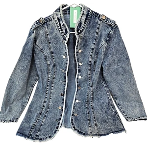 Women's Large Open Distressed Denim Long Jacket Shacket Blue Jean Coat Button - Picture 1 of 7