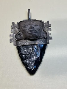 Pendant Mayan Carved Face Black Obsidian Blade Done In Silver - Picture 1 of 2