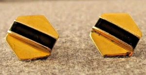 VINTAGE BLACK LUCITE STRIPE GOLD TONED METAL CUFFLINKS - Imagen 1 de 3