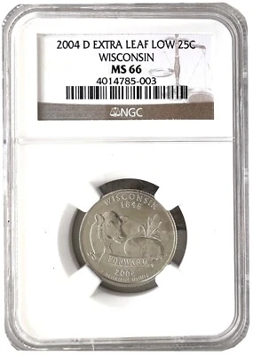 2004-D 25C Wisconsin State Extra LEAF LOW Washington Quarter NGC MS66 Coin 785 - Image 1 of 2