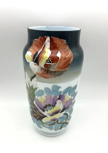 Vintage Bristol Glas handbemalte Vase mit Vogel Blumen & Moriage Details 10" T - Bild 1 von 11