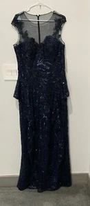 Rickie Freeman Gown Dress Sz 14 Teri Jon Long Formal Sparkling Wedding Lace Blue - Picture 1 of 8