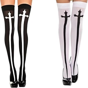 Crucifixion Imprinted Pattern Thigh High Stockings Women's Gothic 2 Pairs - Picture 1 of 8