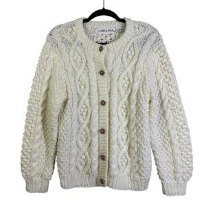 UNO & UNA Cardigan Medium Vintage Sweater Cable Knit Granny Irish Fisherman - Picture 1 of 12