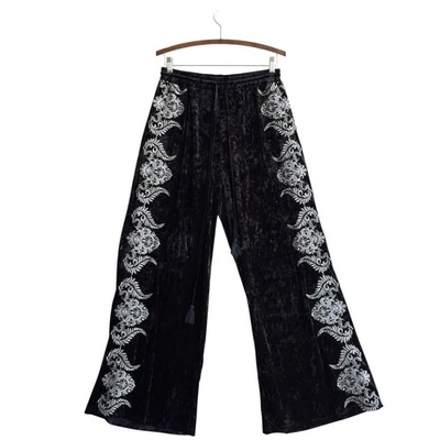 Pantalones Andree By Unit Terciopelo Boho Pierna Ancha Talla M Negros Bordados Western  Foto 1 de 4