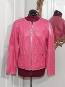 CHICO’S Pink Leather Jacket Pink Silver Zip-Up Front & Pockets Sz 1 - Picture 1 of 6
