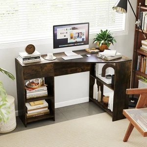 Compact Corner Executive Desk w/Pill-out Drawer & Open Shelve-Brown - Picture 1 of 9