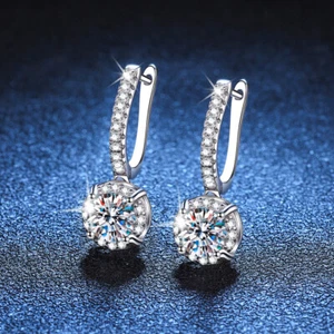 Real 2ct Round Moissanite Drop Earrings S925 Silver Platinum Plated Pass Tester - Picture 1 of 9