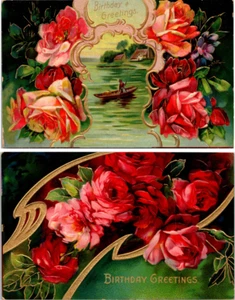 Lote de 2 postales de cumpleaños en relieve, rosas rojas rosadas con bordes dorados Art Nouveau - Imagen 1 de 5