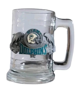 Miami Dolphins Officially Licensed 16 Ounce Glass Beer Mug Pewter Dolphins Logo - Picture 1 of 14