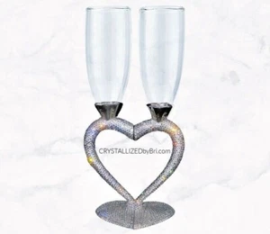 Bling Champagne Glasses AUSTRIAN CRYSTALS Heart Stem Wedding Couple Bedazzled - Picture 1 of 5