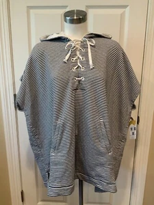 J. Crew Blue & White Hooded Lace-Up Poncho Beach Cover-Up,  Size XS/S - Picture 1 of 8