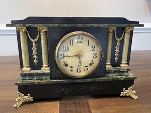 Antique Mantle Clock Ingraham Columns & Lions Heads Faux Marble / Restoration - Picture 1 of 17