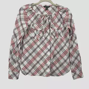 Lauren Ralph Lauren Womens Blouse Small White Plaid Tie Neck Long Sleeve - Picture 1 of 7